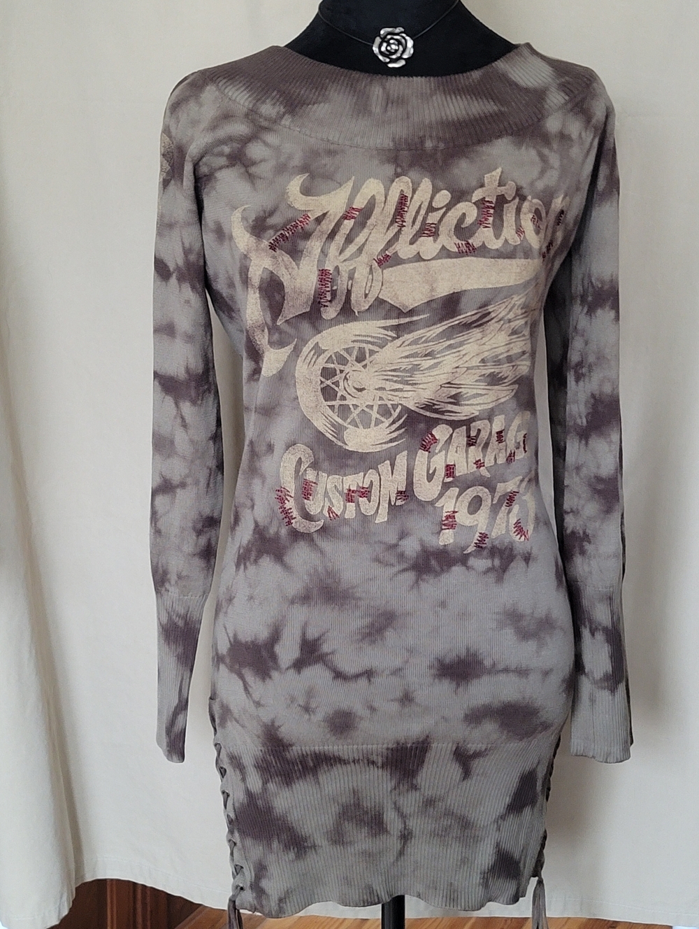 Tie-Dye Graphic Long Sleeve Sweater Dress with Winged Wheel Print